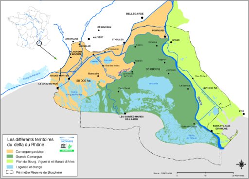 Carte du p�rim�tre de la r�serve de biosph�re de Camargue